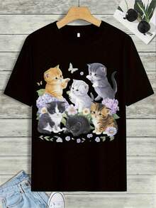 Camiseta con Gráfico de Gaos Adorables - Adorable Camiseta Negra con Seis Gaos Juguetones en Varios Colores, rodeados de Flores Coloridas, Perfectara Amantes de los Gatos y Ropa Casual. Diseño Encdor con Deta en larte Inferior - Negro - Ver 2