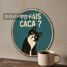 2D平面，8.0英寸圆形铁艺墙饰 - 趣味猫咪标语“Vous Faites Caca?”（你拉屎吗？），适用于客厅、办公室、厨房，幽默墙面艺术，猫咪爱好者礼物，独特家居装饰，猫咪墙画，办公室装饰，2D平面，预钻孔，款式如图所示 - 多色 - 查看 4