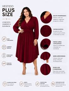 Women's Plus Size Dress With Wrap Neckline, Long Sleeves, Side Slit, Loose Fit, For Parties - 紅木色 - 查看 2