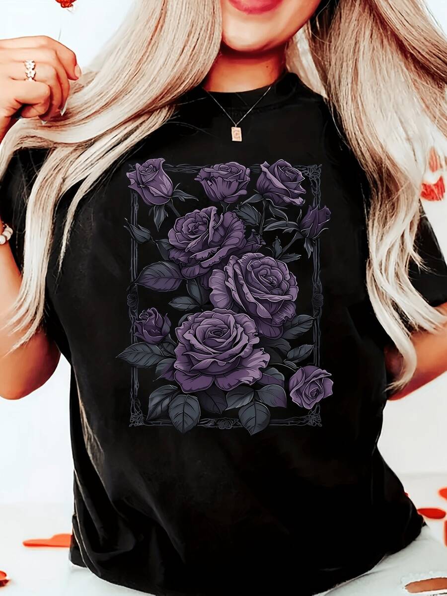 Camiseta gótica vintage para mujer - Suave, transpirable, cuello redondo, manga corta, uste relado y hoado, adecu para, top casual con estampado gótico floral de rosas negras y mors básicas, camiseta de uso diario lavable a máquinarrimavera, verano y otoño