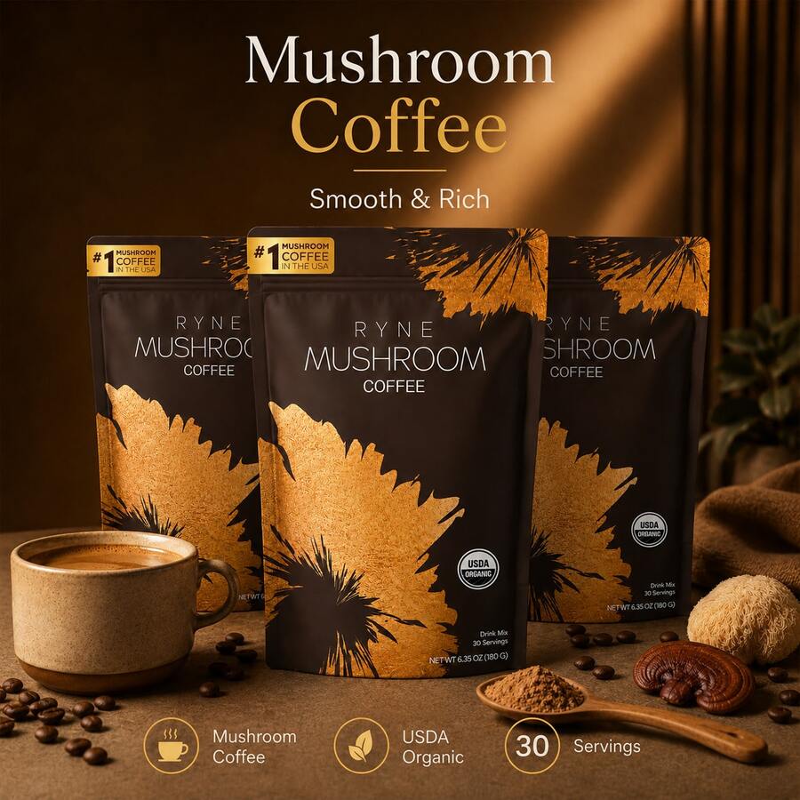 RYNE Smooth & Rich Mushroom Coffee USDA Organic 30 Servings Natural Adaptogenic Blend Clean Sustained Energy Morning Ritual Stress Relief Functional Coffee Drink Mix - 3 mặt hàng - Xem 1