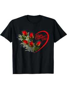 Camiseta de mujer con estampado de San Valentín, negra con rosas rojas y corazones, top casual de cuello redondo y manga corta, lavable a máquina, cómodara todas las estaciones, atuendo romántico, el mejor regalo F, camiseta casual de manga corta, moda de color liso, uste entallado y elegante - Negro - Ver 2