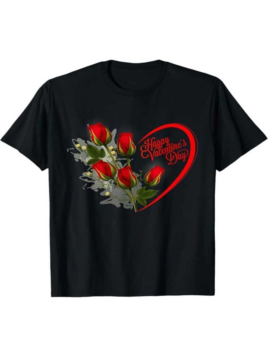 Camiseta de mujer con estampado de San Valentín, negra con rosas rojas y corazones, top casual de cuello redondo y manga corta, lavable a máquina, cómodara todas las estaciones, atuendo romántico, el mejor regalo F, camiseta casual de manga corta, moda de color liso, uste entallado y elegante