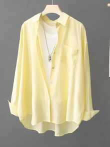 1pc Polyester Solid Color Button Front Short Back Long Pocket Casual Loose Shirt Jacket For Women, Long Sleeve, Spring/Summer - Yellow - View 8