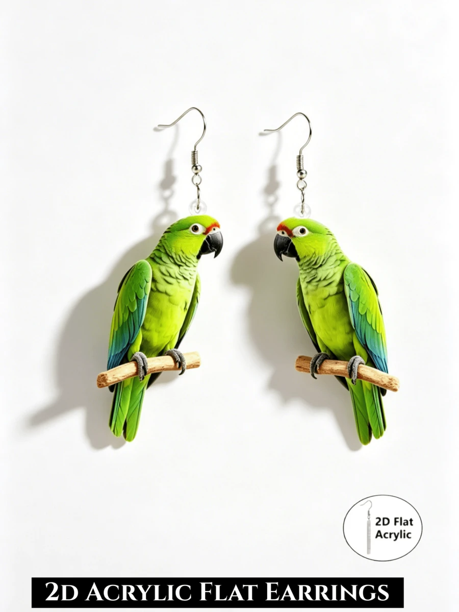 2D Flat Green Parrot Acrylic Drop Earrings, Double-Sided Printed, Flat Acrylic Material, Creative Fashion Earrings, Exquisite Gift - Green Parrot - View 1