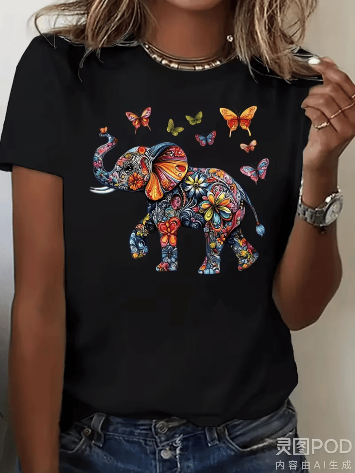 Elefante colorido adornado con flores y mariposas simboliza fuerza ternura transformación libertad espiritual y conexión con la naturaleza camiseta de mujer casual cómoda para uso diario - Negro - Ver 1