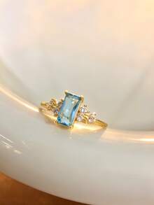 1pc S925 Sterling Silver Inlaid Synthetic Zirconia Teal Geometric Square Ring, Elegant Quality Jewelry For Women's Daily And Party Wear - Yellow Gold - View 4