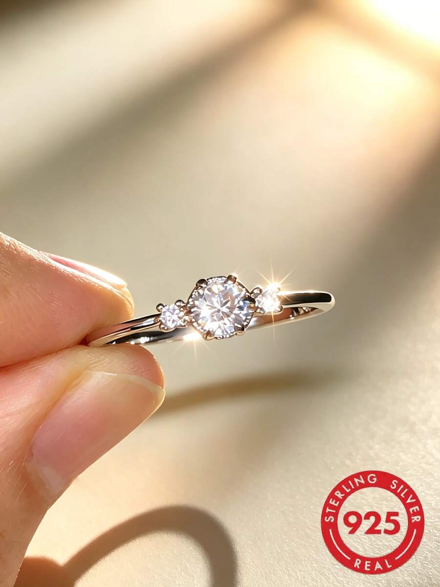 1 pièce Bague en argent sterling S925 à 6 griffes avec zircone cubique synthétique, bijou élégant et classique pour un port quotidien, cadeau pour elle - Argent - Voir 1