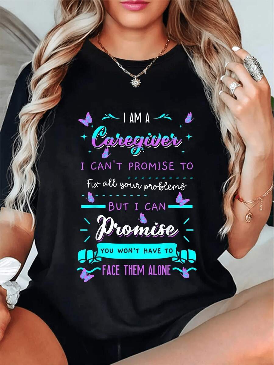 Camiseta de 180g para Mujer - Estampado Floral y de Maosas con Frase Inspiradora, Camiseta Casual Negra de Manga Corta y Cuello Redondo, I para Auxiliares de Enfermería, Niñeras - Lavable a Máquina, Niñera O
