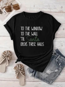 Funny Christmas Phrase That Expresses The Festive Spirit With A Humorous Touch About Waiting For Santa, Perfect For Gatherings And Celebrations. Comfortable Casual Women's T-Shirt For Summer - 黑色 - 查看 1