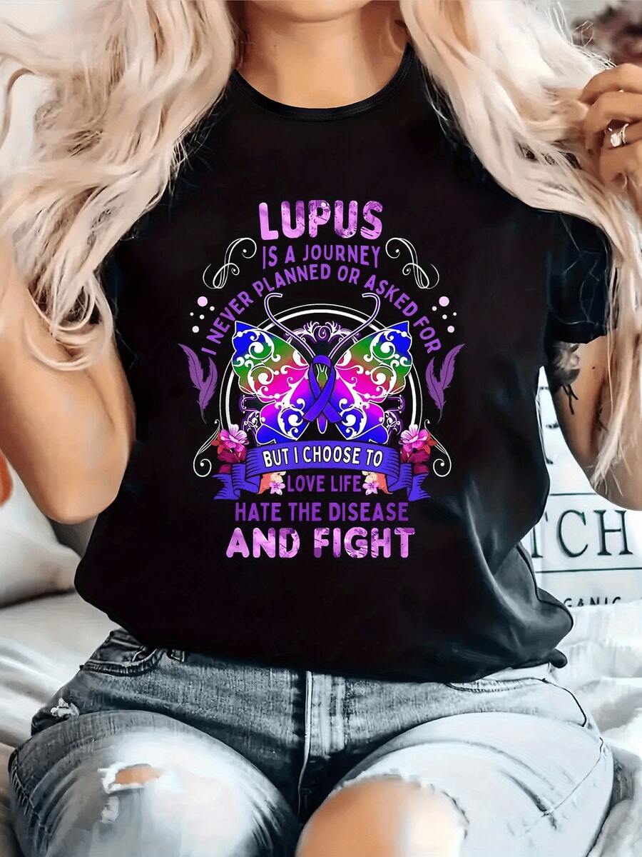 Camisetara la Concienciación sobre el Lupus para Mujer con un Lazo y un Eslogan del Lupus - Cómoda Camiseta Elástica de Manga Corta con Cuello Redondo Disponible en Morado, Rosa, Azul y Verde, I para Ropa Casual y Defensa, Lavable a Máquina