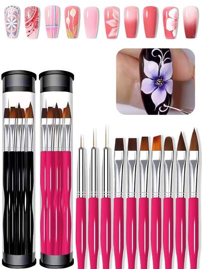 10pcs Professional Nail Art Brushes Set, Detail Liner & Flat Gel Brushes, Premium Nylon Bristles Ergonomic Handle Nail Drawing Pens For French Manicure, 3D Design, Acrylic Gel Extension, Nail Carving, DIY Home Salon Manicure Tools Kit For Beginners & Nail Technicians