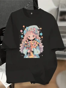 A Young Woman Surrounded By Colorful Flowers Tenderly Holds A Bouquet, Reflecting Innocent Joy, Energy, And Fantasy In Soft Tones And Charming Details. A Modern And Comfortable Casual Women's T-Shirt For Everyday Wear. - 黑色 - 查看 1
