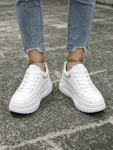 Women's Four Seasons Leather Stitched White Shoes Slip-On Lace-Free Lazy Shoes Comfortable Platform Board Shoes Women's Sneakers Sandalias De Mujer - 灰色 - 查看 2