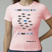 Camiseta Baby Look Feminina Algodão Conforto Estilo Blusa Estampada Cardume Peixe Religioso Do Tamanho P ao GG - Rosa Bebê - Visão 1