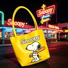 SNOOPY PEANUTS IP Printed Canvas Shoulder Bag 1pc Durable Material Large Capacity With Closure Design Suitable For Work Shopping Daily Use Yellow - Multicolor - View 2