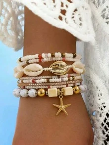 七件套奢华高端波西米亚风海滩贝壳海星手链套装，女士多层串珠可叠戴贝壳吊坠，海滨热带度假夏季饰品 - 銀色 - 查看 5