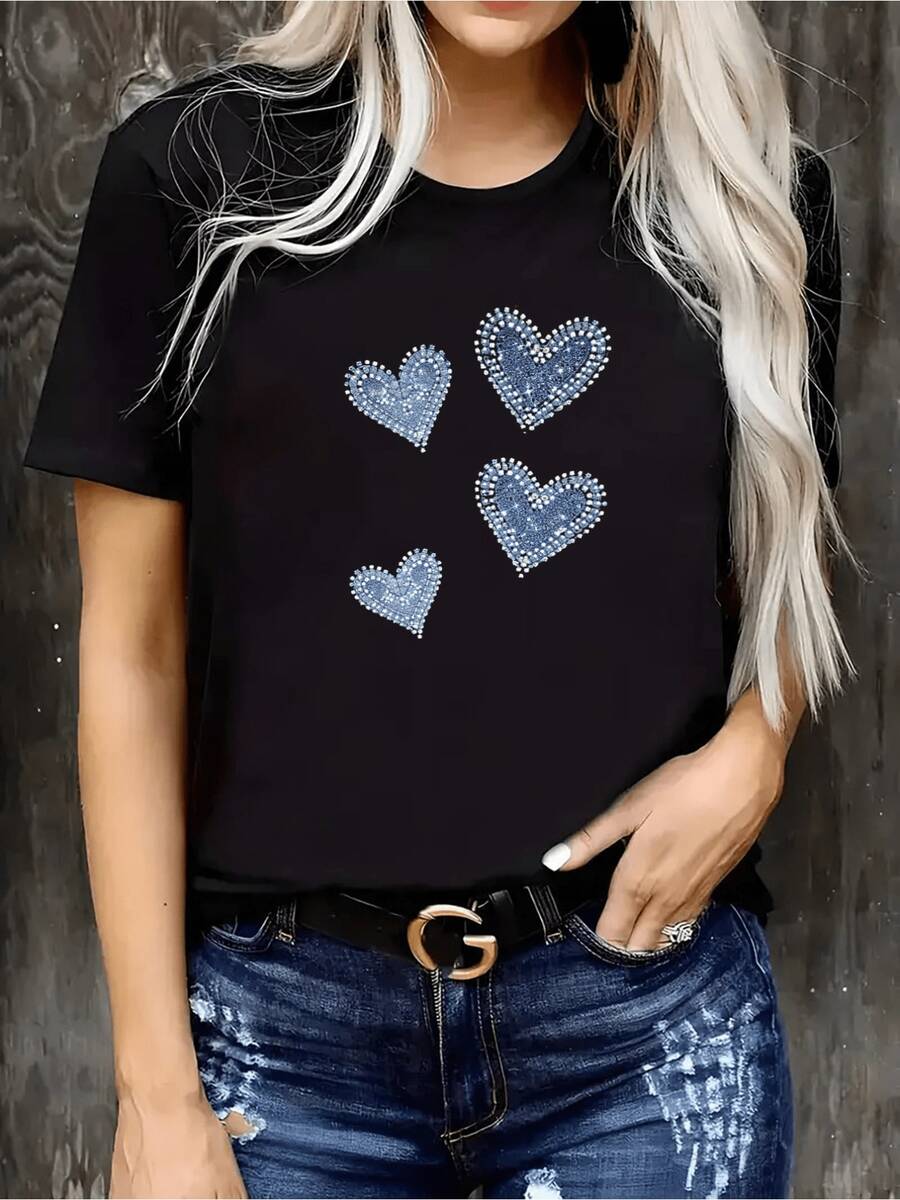 Elegante camiseta negra con diseño de corazón brillante de manga corta, cuello redondo, elástica, top casual de verano Diseño de corazón brillante, tejido elástico, camiseta de manga corta casual elegante de corte ustado (corte hoado, consulte la tabla de tallas)