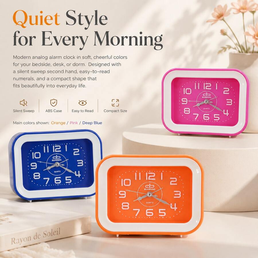 静音无滴答模拟闹钟,可爱彩色静音闹钟,彩色ABS石英床头钟,小巧易读桌面闹钟,适用于卧室、宿舍、书房、梳妆台,返校季房间装饰,学生返校季礼物 - 多色 - 查看 1