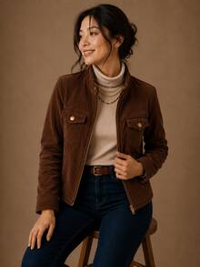 Women's Corduroy Jacket With Zipper - Elegant And Warm - Modern - Winter - Velvet - Zipper - Holiday - School - Vacation - Daily - Office - 鏽棕色 - 查看 2