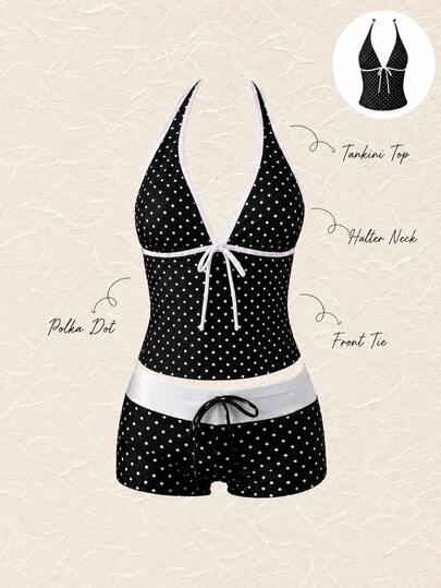 Nuevo conjunto de tankini de traje de baño con estampado de lunares blanco y negro, estilo halter, dulce y lindo, para vacaciones en la playa de manera casual