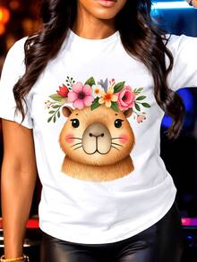 Talla Grande - Camiseta de Mujer con Estampado de Capibara - Camiseta suave y transpirable para uso diario con diseño floral de animales, corte holgado y cuello redondo, adecuada para uso casual y eventos temáticos - Camiseta cómoda para todas las estaciones, ropa versátil, diseño vibrante, material ligero, camiseta elegante, para amantes de la moda. blusas para mujerCamisetas Gráficas de Verano para MujerCamiseta Casual Estampada para Mujer, Manga Corta y Cuello Redondo, Moda Urbana Local de Primavera/Verano. - Blanco - Ver 6