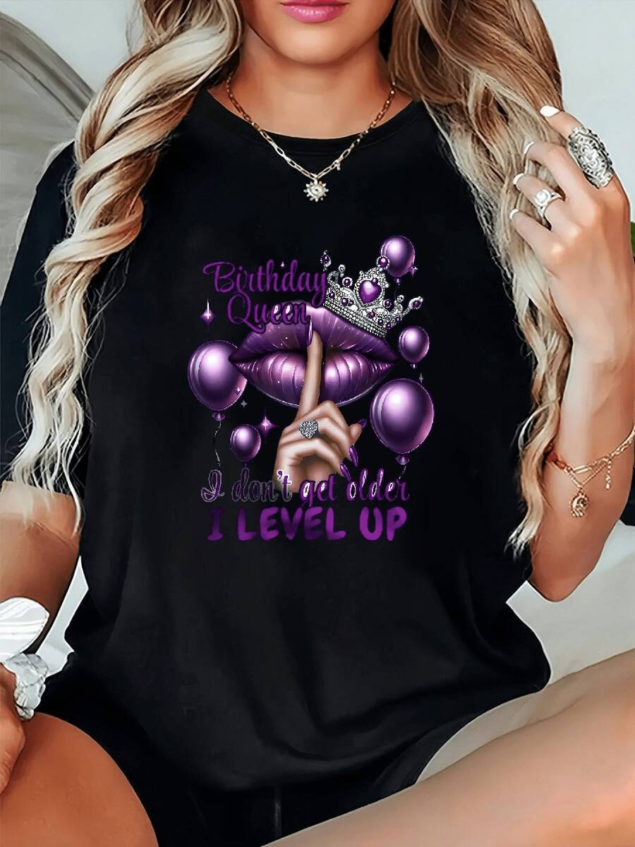 Birthday Queen Graphic T-Shirt Slim-Fit, Breathable, Round Neck, Short Sleeve Top With Balloon And Crown Design, Casual Summer Party Top For Birthdays And More, Casual Fashion Clothing, Hoado Cut Tops (Hoado Cut, See Size Chart) - 黑色 - 查看 1