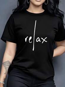 Una elegante camiseta de mujer con un diseño creativo con un estampado de lema de letras, hecha de pura suave y cómoda. Esta camiseta de manga corta es fácil pero moderna, casual pero elegante_12 - Negro - Ver 2