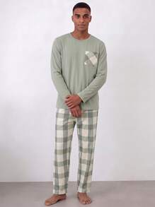 Snug League Bộ đồ ngủ thường ngày cho nam, áo dài tay cổ tròn thoải mái, nhẹ và quần dài, họa tiết kẻ caro, dáng rộng, thời trang xuân/thu, mùa đông - Nhiều màu - Xem 5