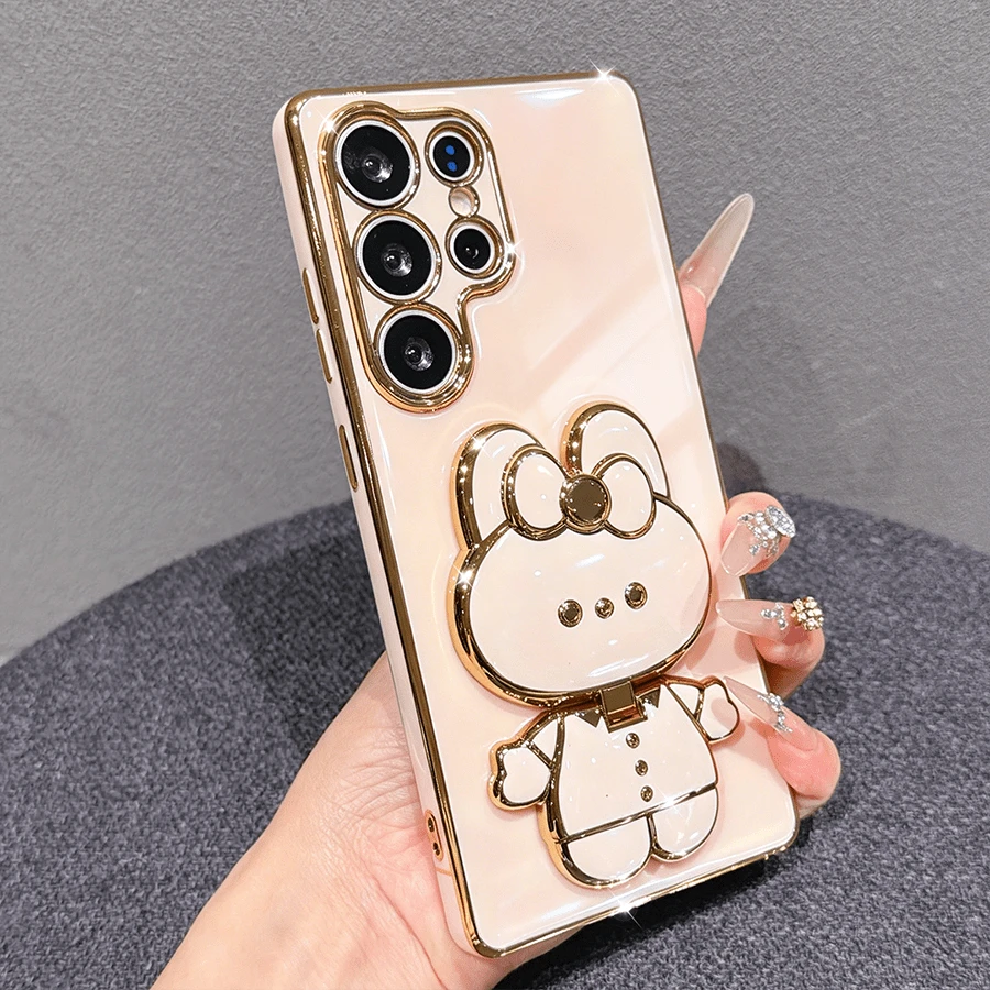 Fashion Luxury Shockproof Cute Rabbit Electroplated Makeup Mirror Phone Case, Compatible With Samsung Galaxy S26-S20, A02S-A07, A11-A17/A20-A70, Note 7/8/9/10/11/12/13/14/15/A5/A3/A2/A1/9/10/12/13C/14C/15C, Honor MAGIC 5/6/7 LITE, , Reno Series - Pink - View 1