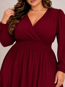 Women's Plus Size Dress With Wrap Neckline, Long Sleeves, Side Slit, Loose Fit, For Parties - 紅木色 - 查看 3