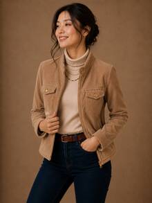 Women's Corduroy Jacket With Zipper - Elegant And Warm - Modern - Winter - Velvet - Zipper - Holiday - School - Vacation - Daily - Office - 米色 - 查看 2