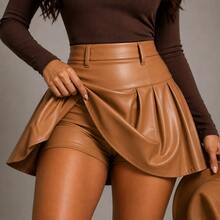 Women's Stylish High-Waisted Pleated Faux Leather Shorts Skirt - Elegant Winter Fashion - Blogger Style - Casual Chic - International Fashion - 駝色 - 查看 2
