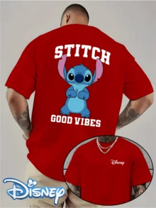 (Disney Licensed T Shirts)Disney Lilo & Stitch Stitch "Good Vibes" Graphic Tee Men's Oversized Crew Neck Short Sleeve T-Shirt, Casual Streetwear With Positive Quote Stitch Print, Cute Stitch Double-Sided Loose Fit Tee, Mens Clothes, Men, Ropa De Hombre, Summer Clothes, Men Shirts, Graphic Tees, Disney Outfits Men, Graphic Tees, Camisetas Para Hombre, Camisas Para Hombre, Summer Outfits For Men, Father's Day Gift, Perfect Gift For Family And Friends, Which Are Necessary For Birthday Parties, Disney Shirts, Mens Clothes, Summer Clothes, Officially Licensed Disney T-Shirts, Disney Men's And Women's Spring/Summer Fashion Casual Short-Sleeve T-Shirts, Disney Top - Red - View 1