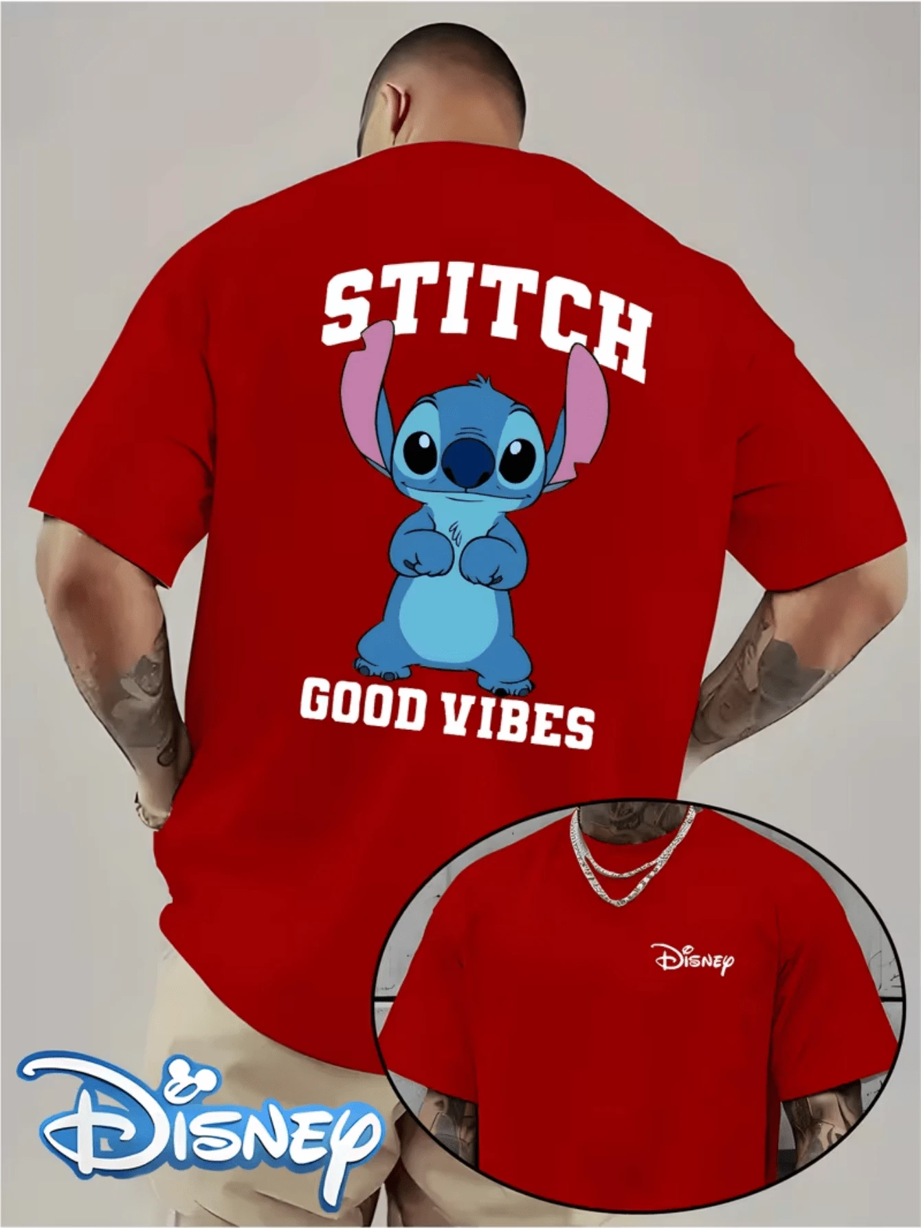 (Disney Licensed T Shirts)Disney Lilo & Stitch Stitch "Good Vibes" Graphic Tee Men's Oversized Crew Neck Short Sleeve T-Shirt, Casual Streetwear With Positive Quote Stitch Print, Cute Stitch Double-Sided Loose Fit Tee, Mens Clothes, Men, Ropa De Hombre, Summer Clothes, Men Shirts, Graphic Tees, Disney Outfits Men, Graphic Tees, Camisetas Para Hombre, Camisas Para Hombre, Summer Outfits For Men, Father's Day Gift, Perfect Gift For Family And Friends, Which Are Necessary For Birthday Parties, Disney Shirts, Mens Clothes, Summer Clothes, Officially Licensed Disney T-Shirts, Disney Men's And Women's Spring/Summer Fashion Casual Short-Sleeve T-Shirts, Disney Top - Red - View 1
