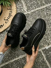 Women's Fashionable Versatile Outdoor White Lightweight Lace-Up Round-Toe Flat-Heel Anti-Slip ComfortableCasualShoes SneakersRunning Shoes,Sizes 36-43 - 黑色 - 查看 4