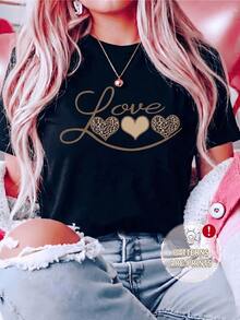 Amor con corazones y textura animal que simboliza la pasión la ternura y la fuerza interior camiseta de mujer casual moderna cómoda para uso diario - Negro - Ver 1