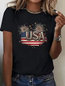 Camiseta de mujer con gráfico de la bandera americanatriótica - Camiseta ligera y transpirable con letras de USA llamativas con diseño de fuegos artificiales, camiseta de impresión gráfica lavable a máquinara uso diario, tejido ligero, A - Negro - Ver 2