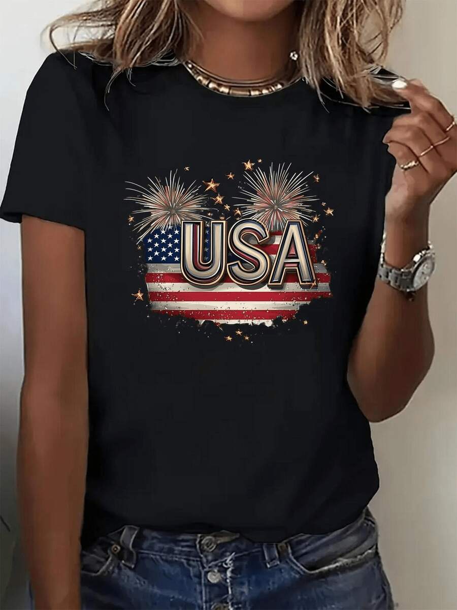 Camiseta de mujer con gráfico de la bandera americanatriótica - Camiseta ligera y transpirable con letras de USA llamativas con diseño de fuegos artificiales, camiseta de impresión gráfica lavable a máquinara uso diario, tejido ligero, A
