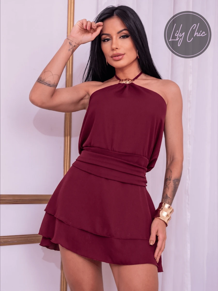 Elegant Halter Neck Jumpsuit Dress In Silk Crepe With Metallic Accessories And Ruffles – Featuring Built-In Shorts. - Granate - Ver 1