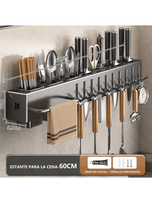 1 pieza Soporte y estante de almacenamiento de cuchillos multifuncional de acero inoxidable, juego de bloque de cuchillos montado en la pared con tabla de cortar.Con ganchos 4/10 Organizador de Almacenamiento para Cuchillos de Cocina (30 cm/60 cm)cuchilllos de cocina|porta cuchilllos