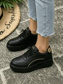Women's Fashionable Versatile Outdoor White Lightweight Lace-Up Round-Toe Flat-Heel Anti-Slip ComfortableCasualShoes SneakersRunning Shoes,Sizes 36-43 - 黑色 - 查看 2