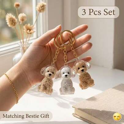Bộ 3 món móc khóa hình chó Poodle dễ thương Kawaii, chất liệu acrylic trong suốt, hình chó Bichon Frise bông xù, thích hợp cho bạn thân, trang trí balo, phụ kiện ốp tai nghe, giá trị tuyệt vời.