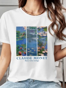 Reflection Of A  Pond Filled With Lilies And Colorful Lights That Evoke Calm And Natural Art. Women's Casual Modern Comfortable T-Shirts For Everyday Wear - 白色 - 查看 1