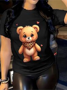 Camiseta blanca de manga corta con estampado de oso tierno y leopardo - Top casual de uste hoado y cuello redondo, blusa lavable a máquina adecu para ropa de ca, atuendos diarios, prenda cómodara toda tempor (uste hoado, consulte la tabla de tallas) - Negro - Ver 2
