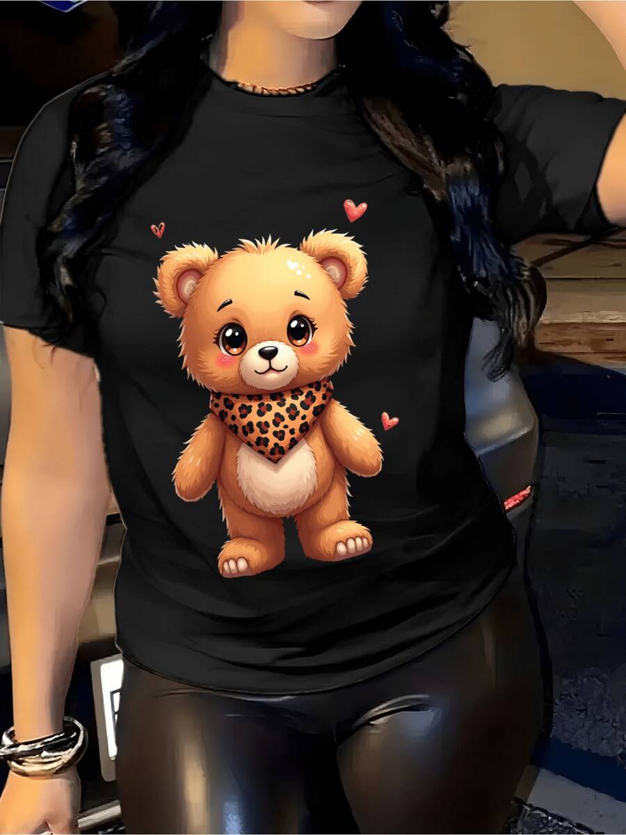 Camiseta blanca de manga corta con estampado de oso tierno y leopardo - Top casual de uste hoado y cuello redondo, blusa lavable a máquina adecu para ropa de ca, atuendos diarios, prenda cómodara toda tempor (uste hoado, consulte la tabla de tallas)