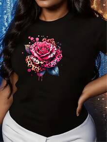Camiseta casual con estampado de leopardo y rosas para mujer - Blusa de manga corta con cuello redondo y estampado llamativo de leopardo y rosas, lavable a máquina, adecu para el día de San Valentín y el uso diario - Casu cómoda - Negro - Ver 2