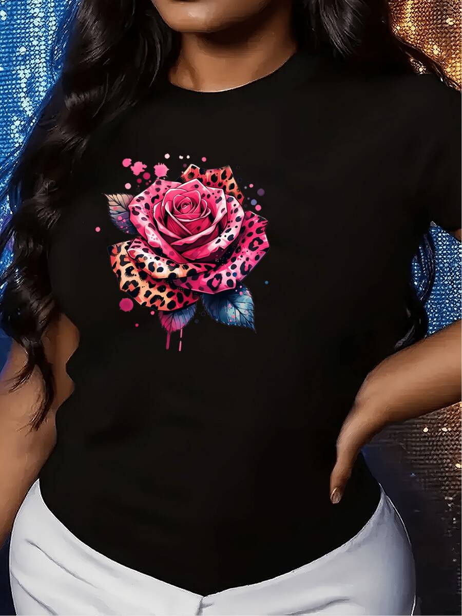 Camiseta casual con estampado de leopardo y rosas para mujer - Blusa de manga corta con cuello redondo y estampado llamativo de leopardo y rosas, lavable a máquina, adecu para el día de San Valentín y el uso diario - Casu cómoda