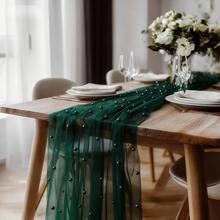Pearl Table Runner 10ft,Table Cloth Tulle Table Cover,Pearl Table Runner For Wedding Party Baby Shower Birthday Home Decor - Dark Green - View 4