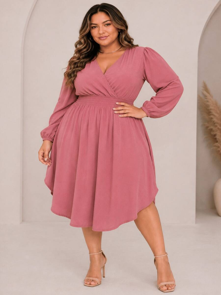 Women's Plus Size Dress With Wrap Neckline, Long Sleeves, Side Slit, Loose Fit, For Parties - Rusty Rose - View 1